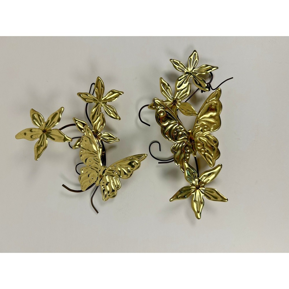 Vintage MCM Brass Style Butterfly Flowers 9" Metal Wall Sculptures Set 2